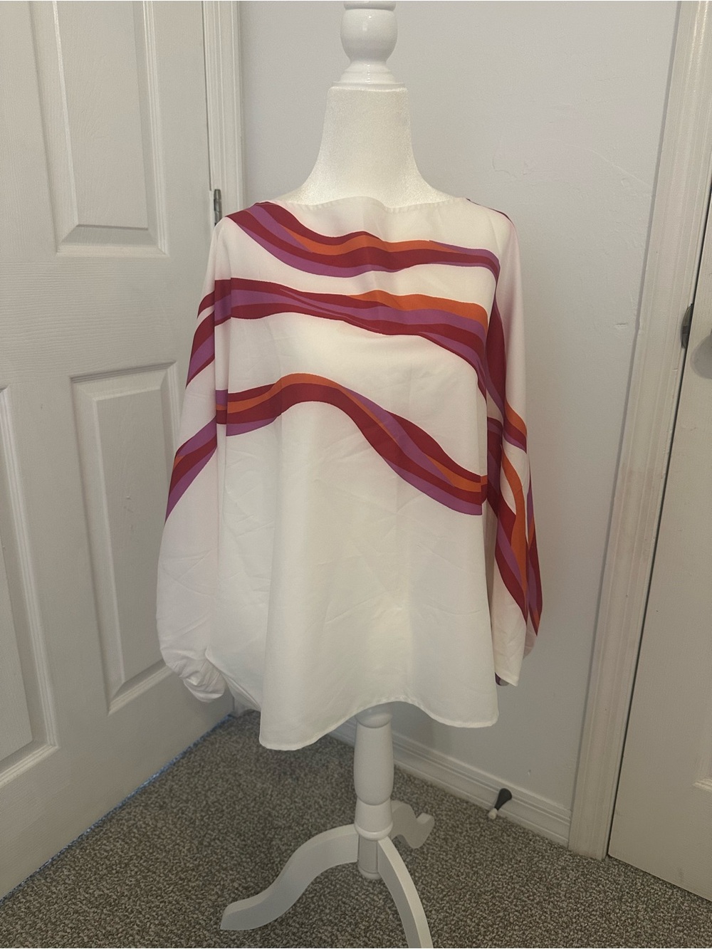NWT Made With Love White Poncho Top with Pink and Orange Wave Stripes